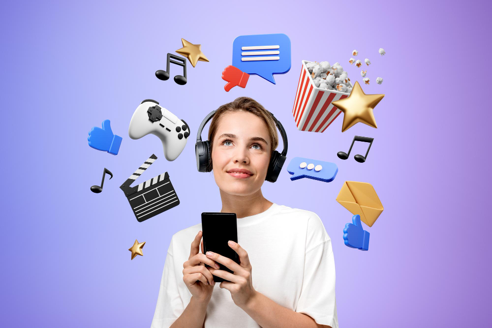 Person listening to headphones surrounded by streaming and entertainment icons
