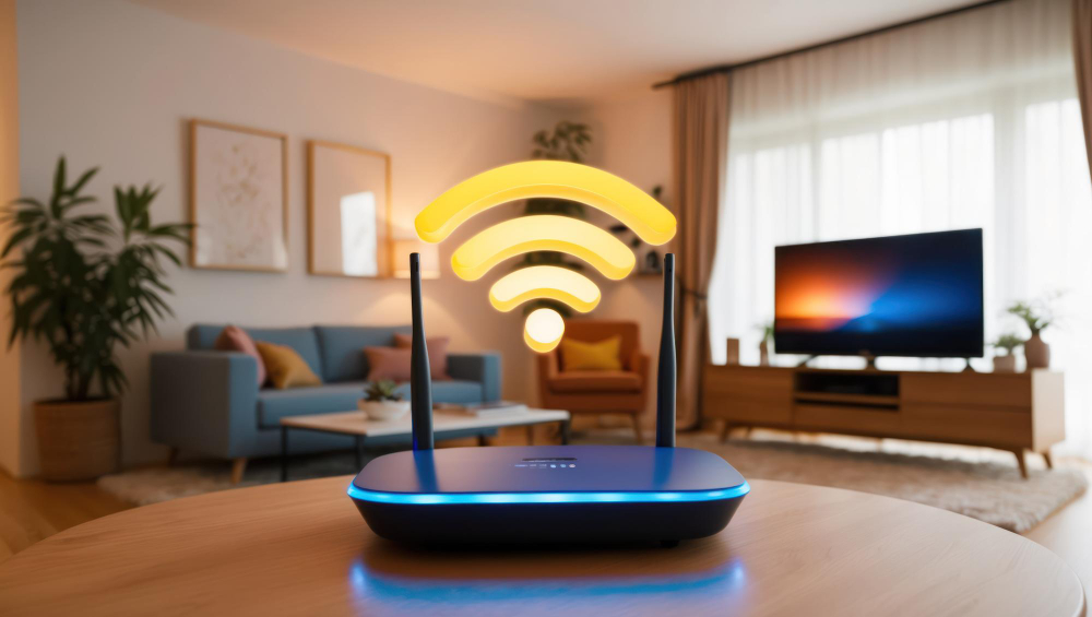 Wi-Fi router glowing in a modern living room with a smart TV in the background