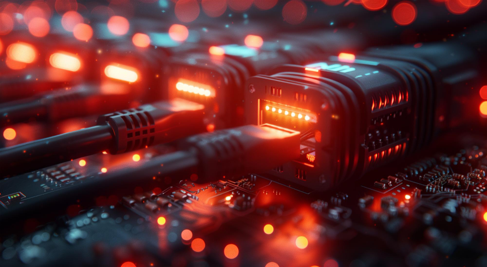Close-up of network cabling with illuminated ports