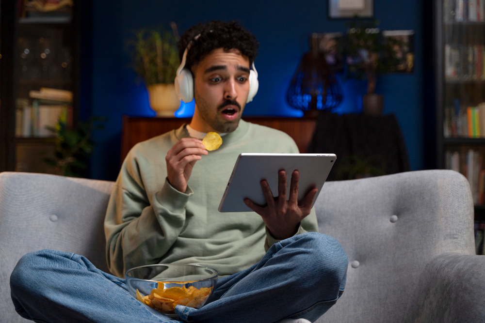 Person reacting to a show on a tablet while snacking on the couch