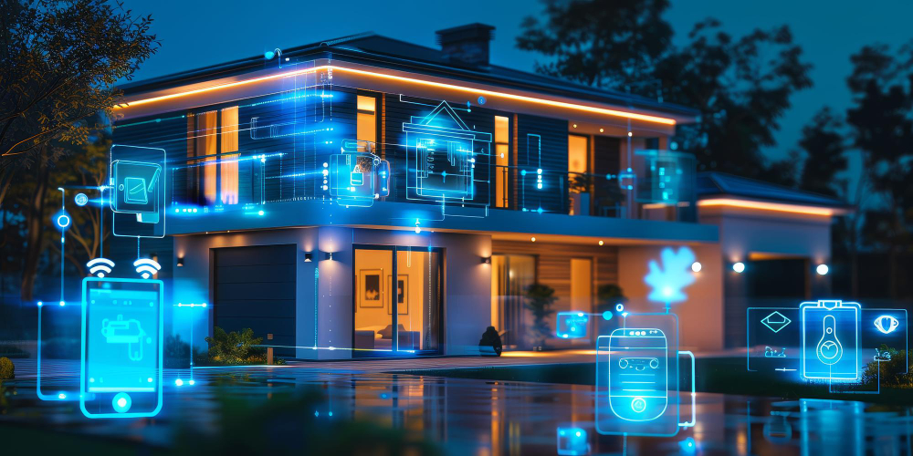 Smart home with connected device overlays at night
